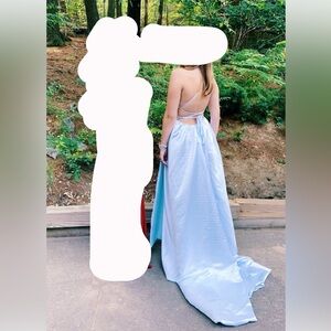 Light blue prom dress lace up back